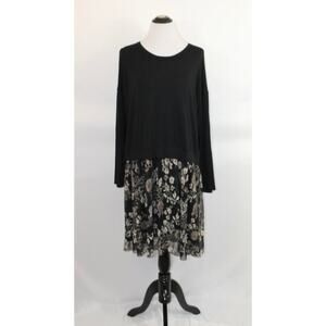 COMFY USA Sz L Large Black Top Floral Skirt Mixed Media Long Sleeve Dress NWT